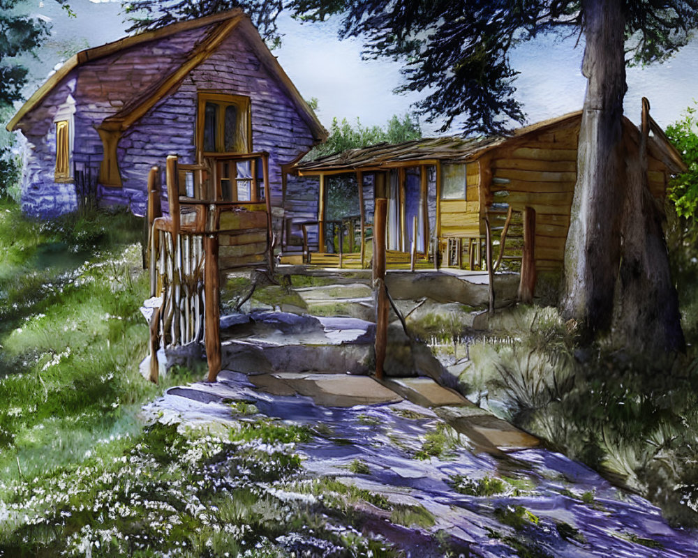 Serene watercolor painting of rustic cabin in lush forest
