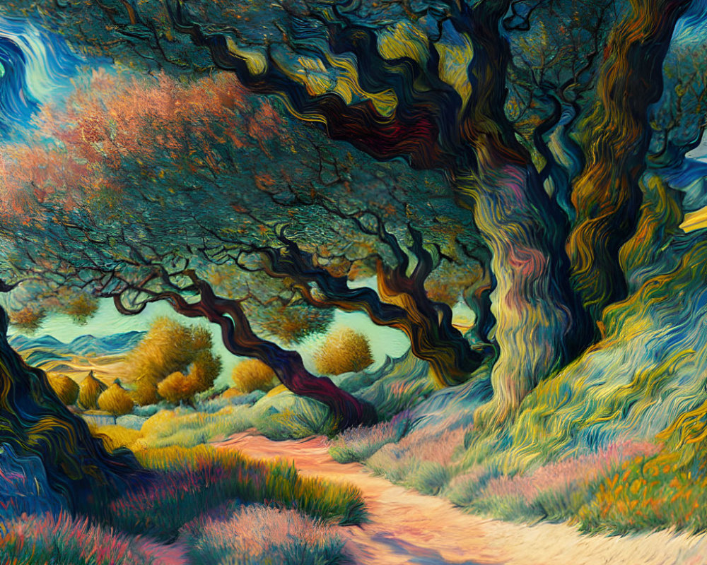 Colorful Stylized Landscape with Curving Trees and Path through Vibrant Terrain