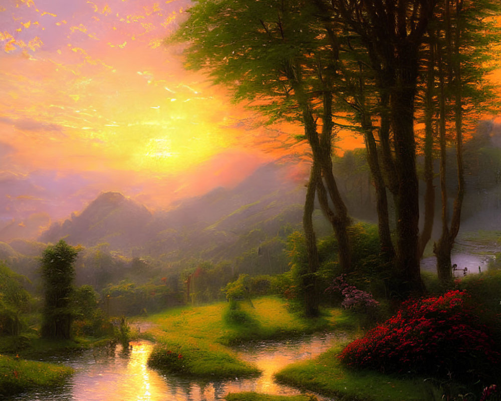 Tranquil sunset scene with golden light through trees by serene river
