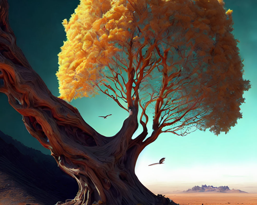 Twisted golden tree in desert landscape with birds