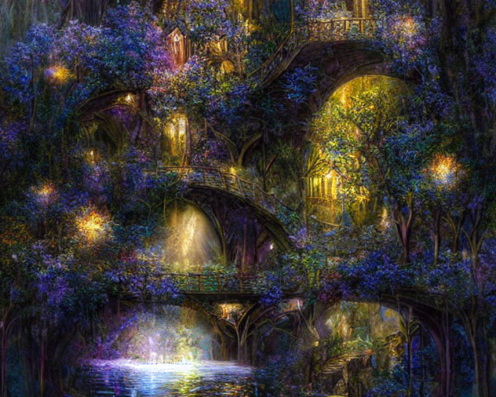 Enchanting forest scene at night: glowing lights, arched bridges, reflective lake, magical dwell