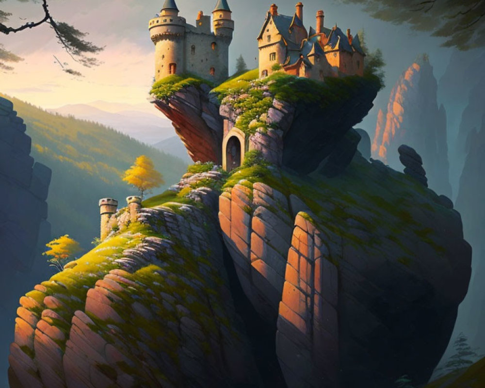 Castle on Cliff Overlooking Forests at Sunset