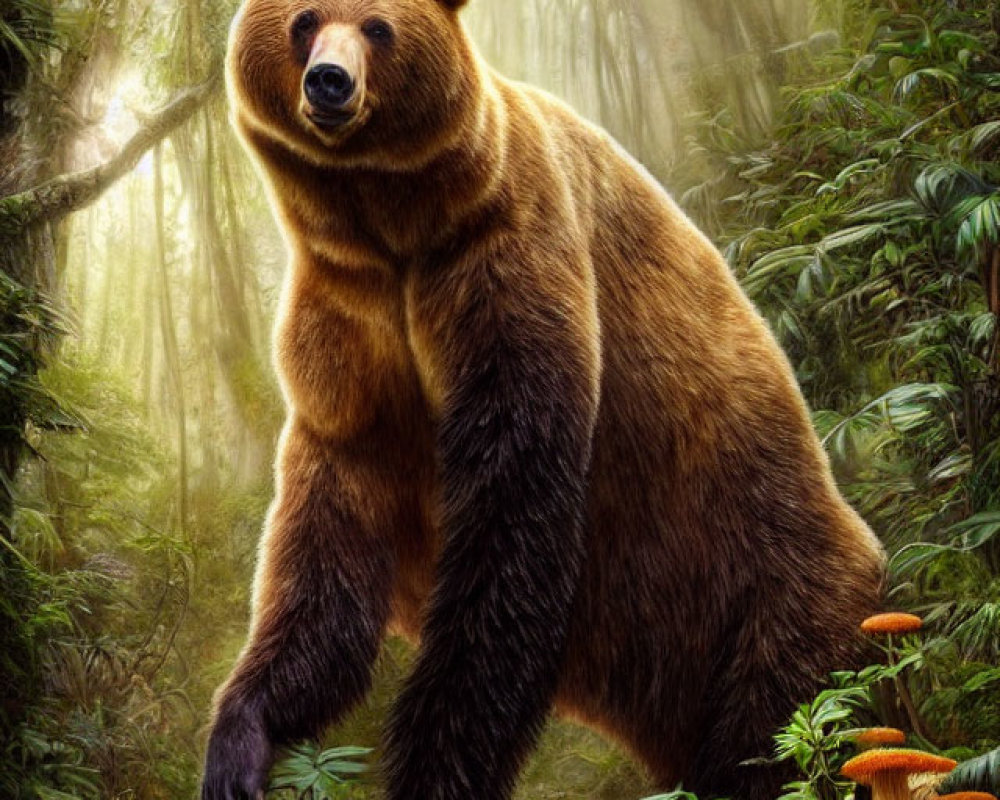 Brown Bear Standing in Misty Forest with Mushrooms and Greenery