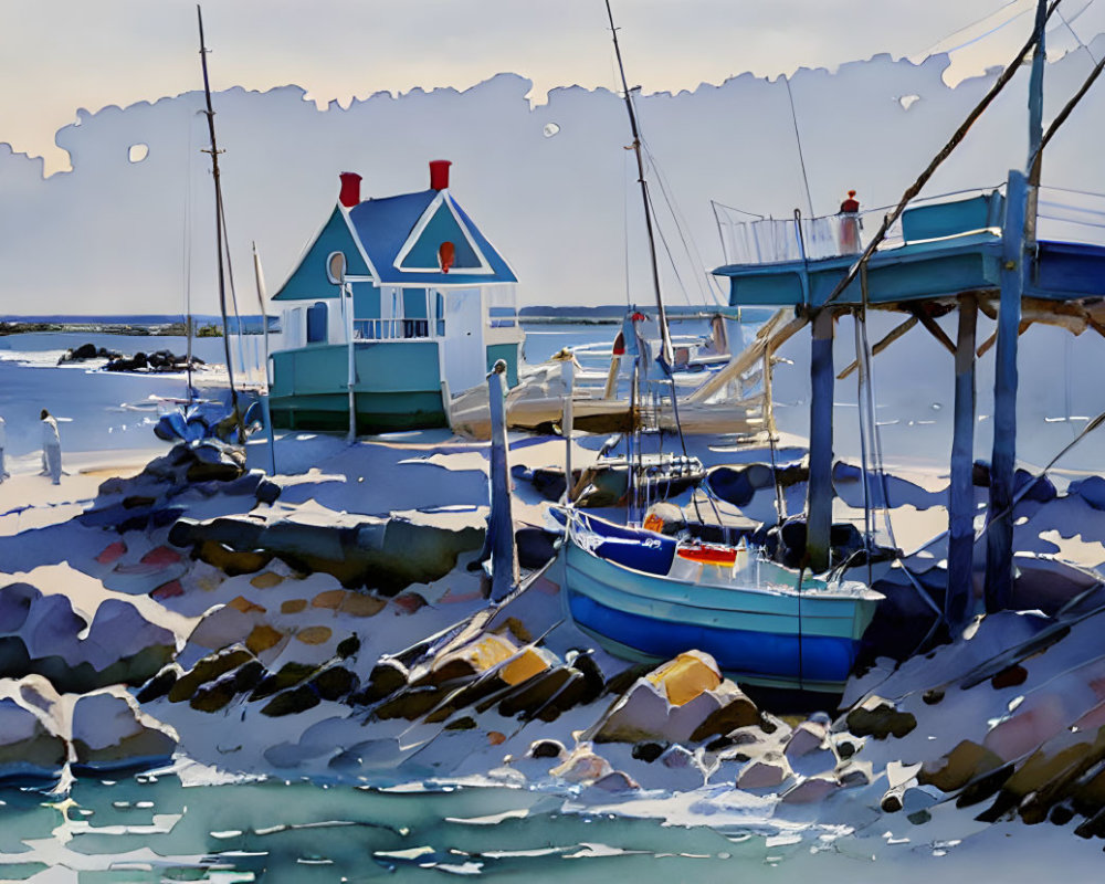 Tranquil seaside scene with docked boats and coastal houses