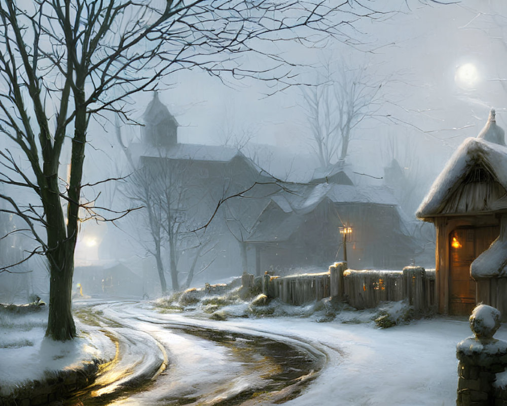 Snowy village at dusk: illuminated houses, winding road, snowman, bare trees under moonlit