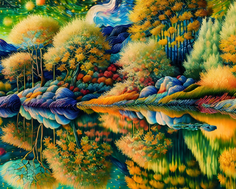Surreal autumn landscape with swirling patterns and vibrant colors