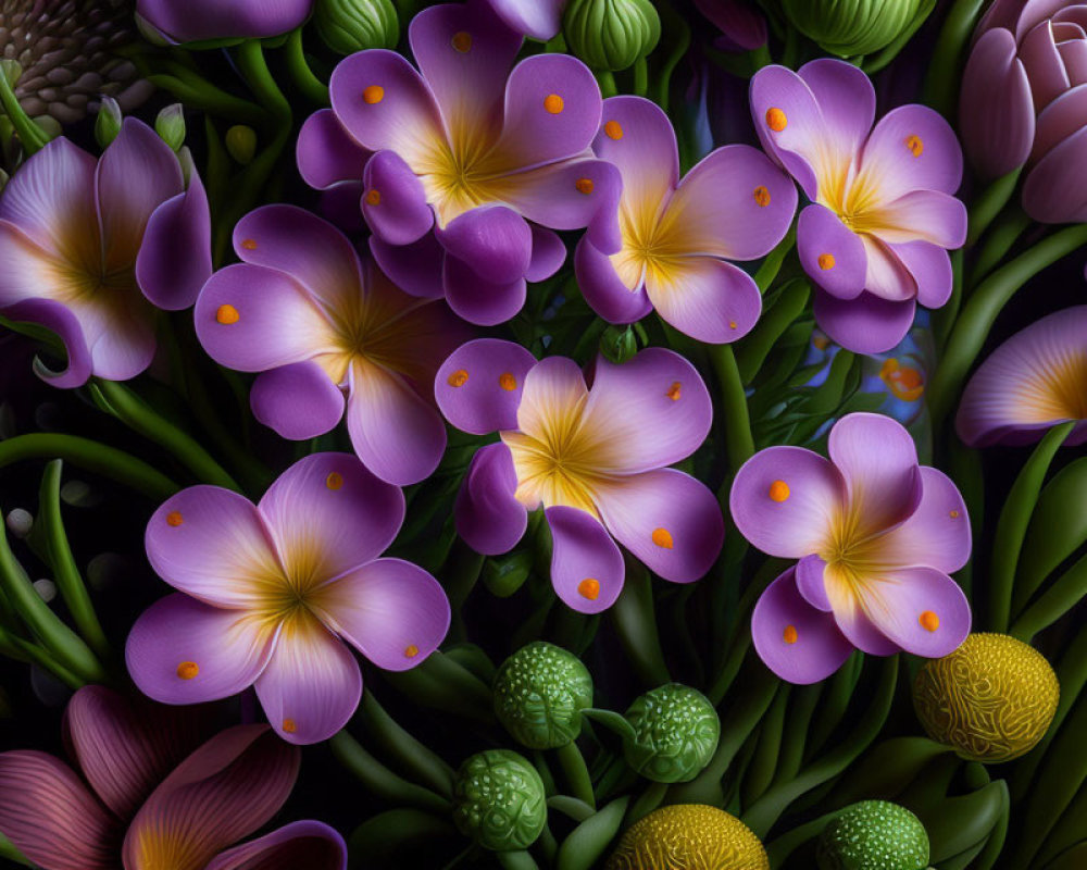 Detailed Close-Up of Purple and Yellow Flowers with Intricate Petal Textures