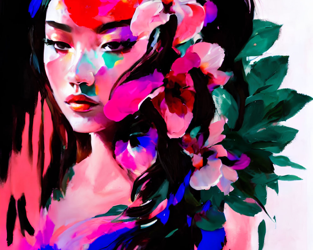 Colorful digital painting: Person with flower-adorned hair in bold pink and red tones