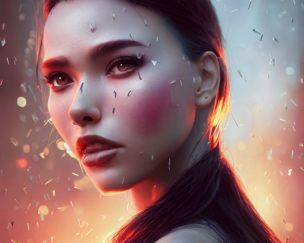 Digital artwork of woman with luminescent complexion and glowing embers, set against warm background