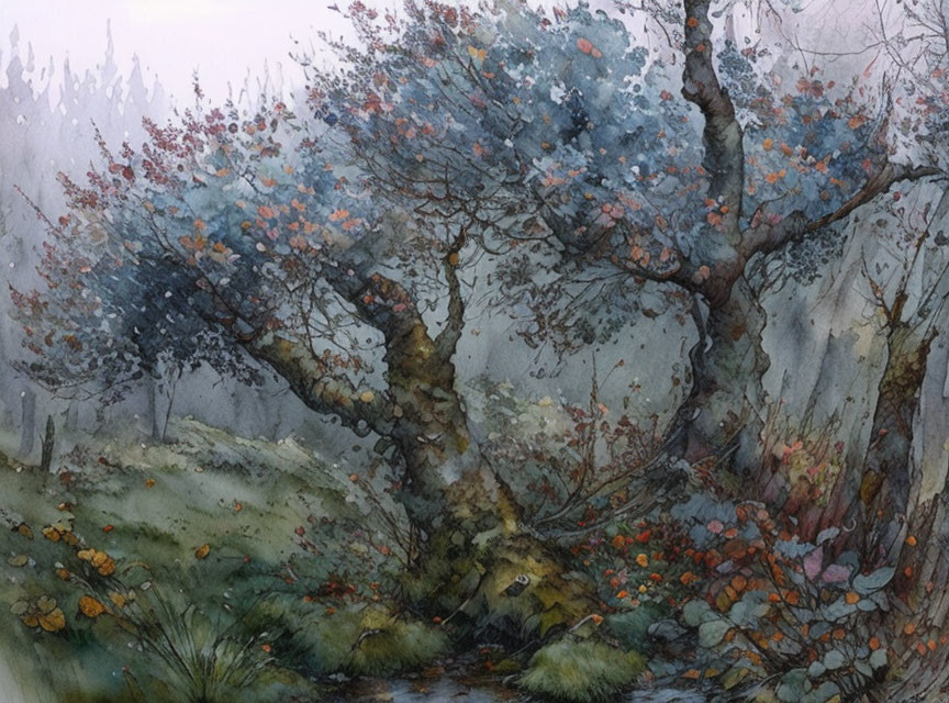 Misty forest watercolor painting with colorful foliage