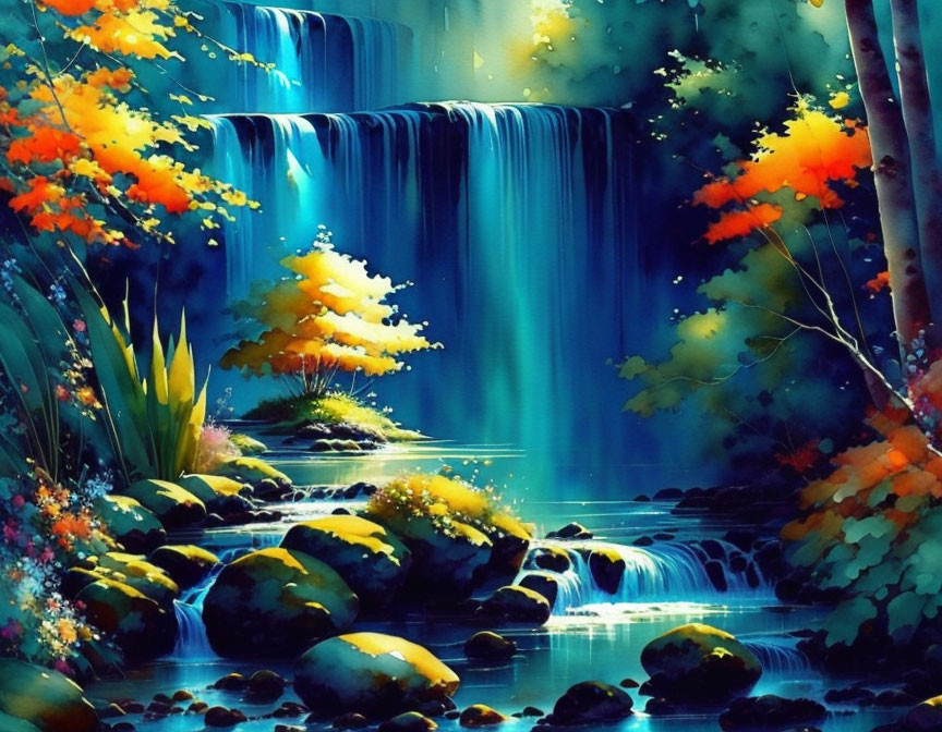Vibrant Blue Waterfall in Autumn Foliage & Mystical Light