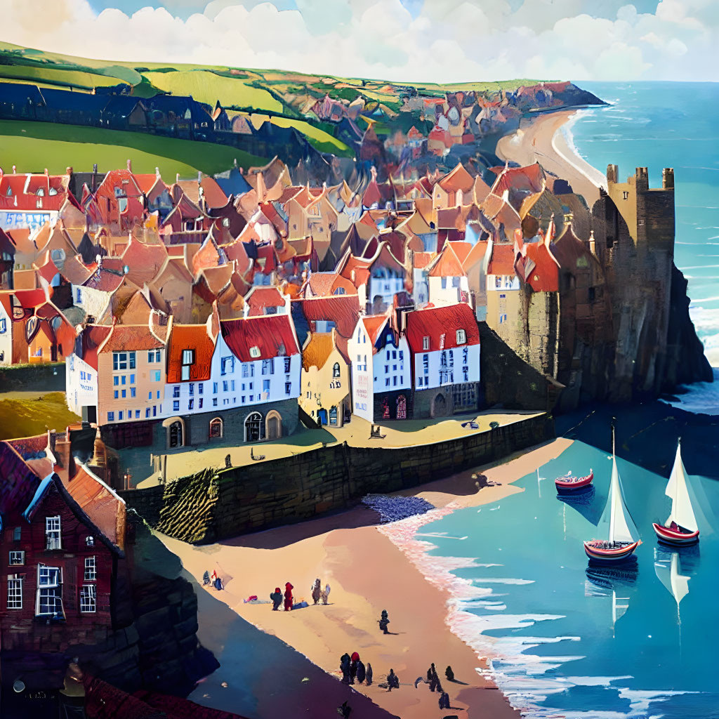 Vibrant coastal village with red-roof houses, castle, boats, beach, and blue sky