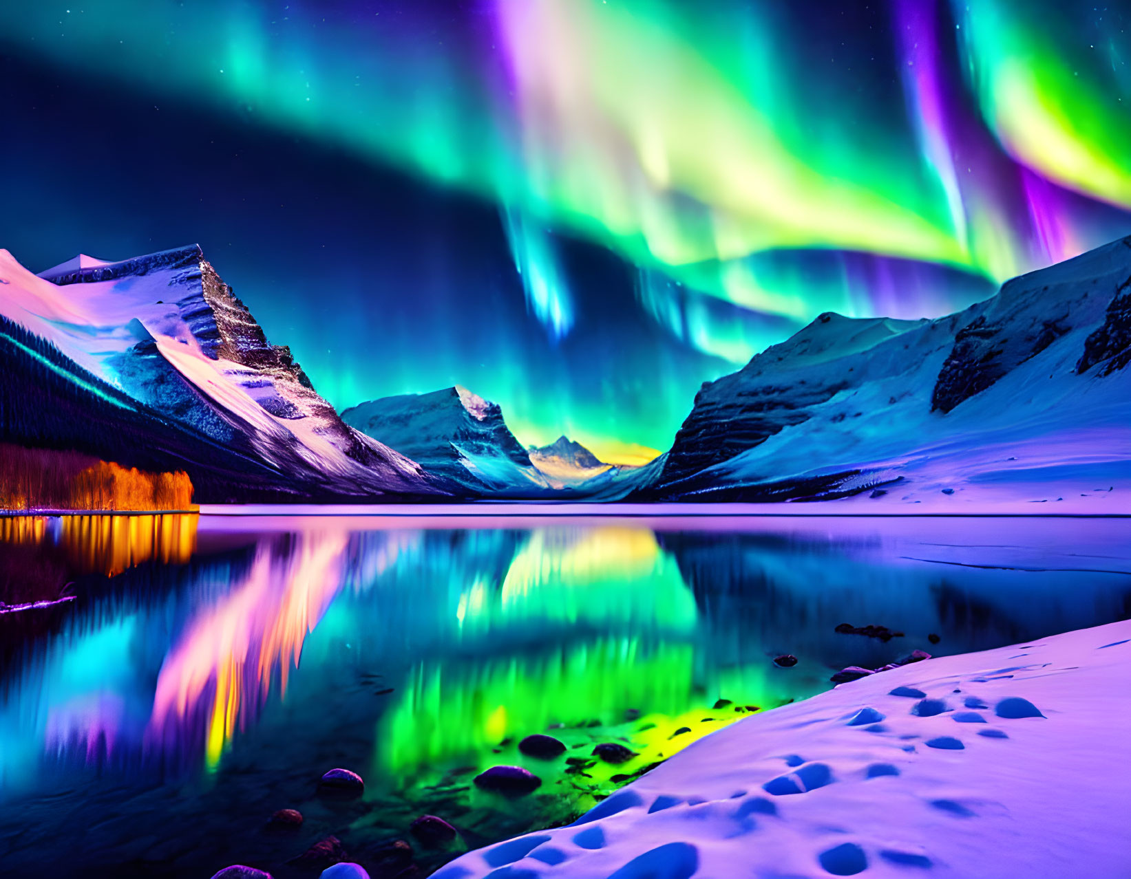 Northern Lights Dance Over Snowy Mountains and Lake
