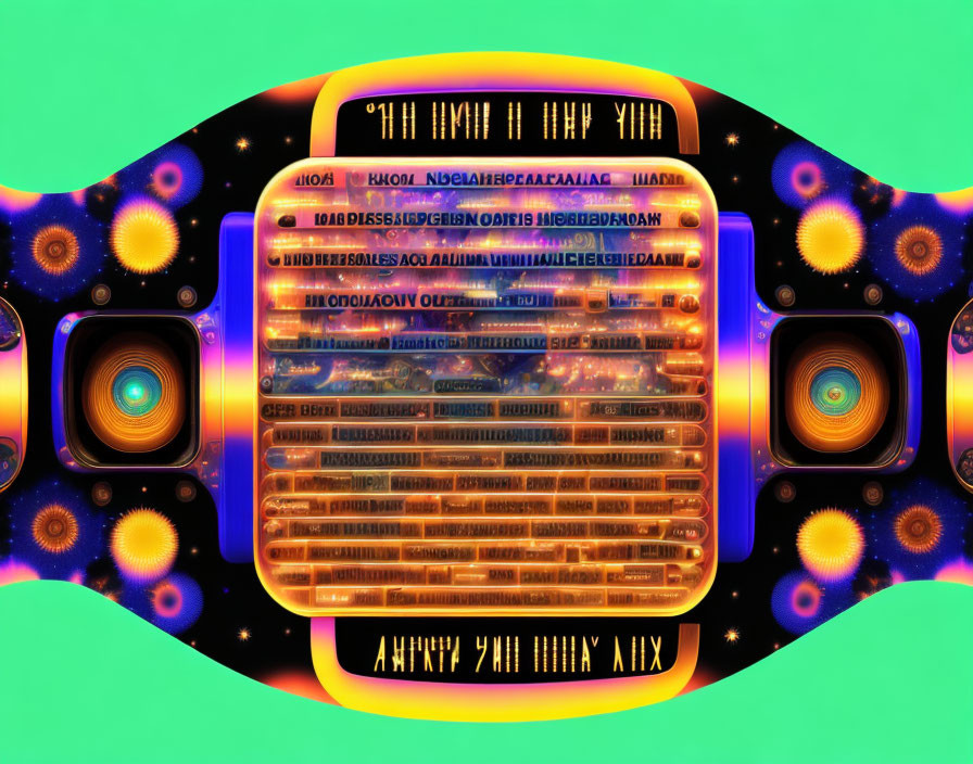 Colorful Psychedelic Golden Jukebox with Neon Green Background