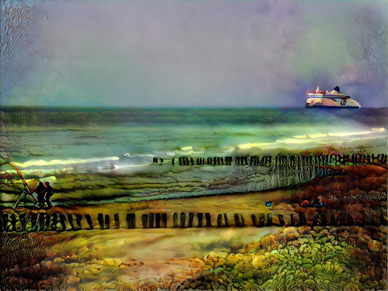 "Ferry heads past Calais beach" - by Unreal.