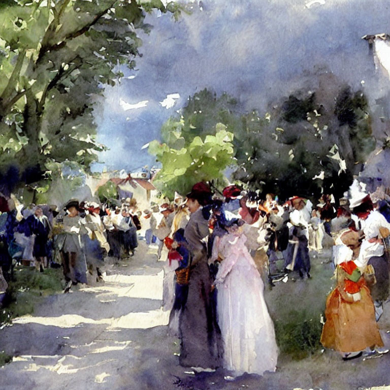 Vibrant Watercolor Painting of Outdoor Gathering