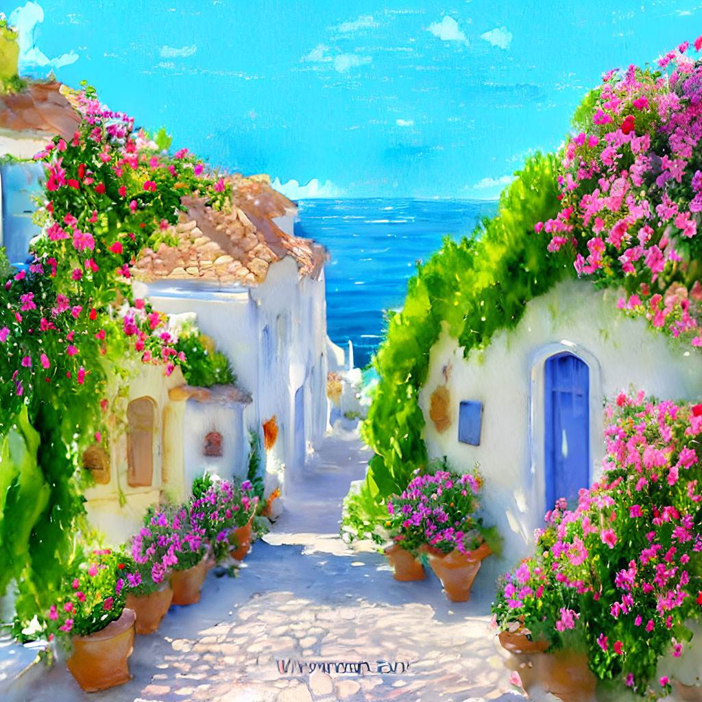 Colorful seaside village with white-washed buildings and pink bougainvillea.