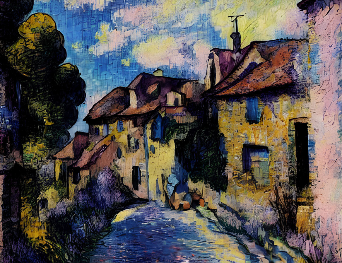 Vibrant Impressionistic Painting of Quaint Village Street