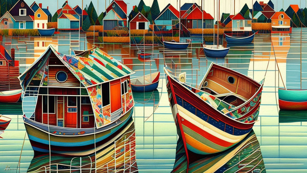 Vibrant painting of boats in serene harbor with patterned reflections