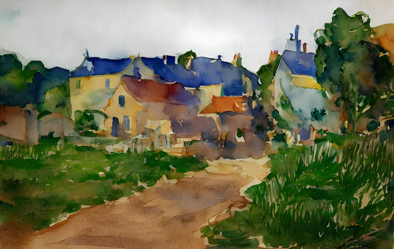 Colorful watercolor painting of a quaint village with lush greenery and warm sunlight