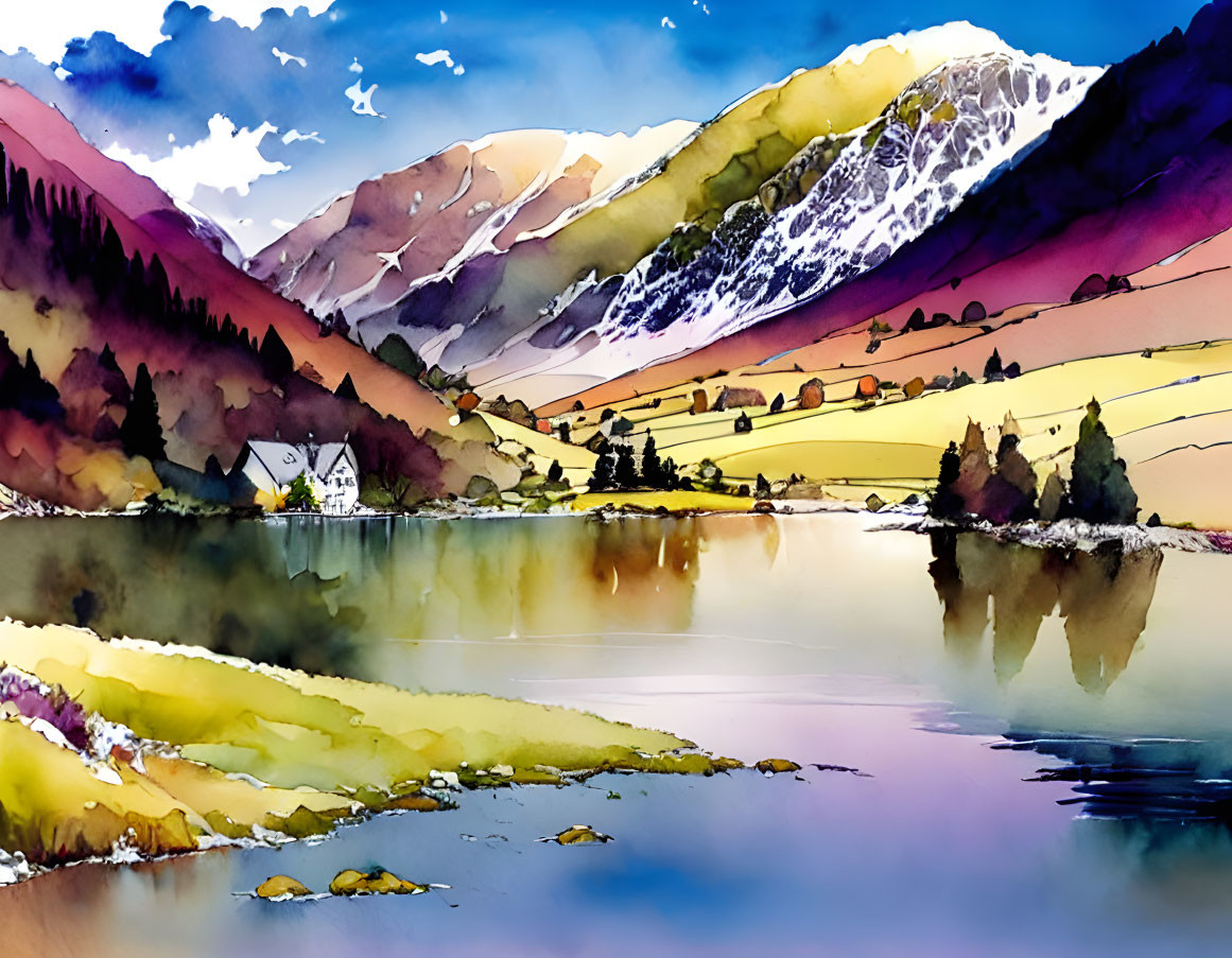 Scenic Watercolor Painting: Tranquil Lake, Colorful Mountains, Charming House