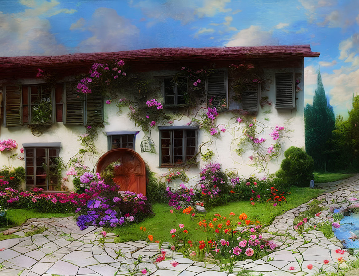 White cottage with pink flowers in vibrant garden