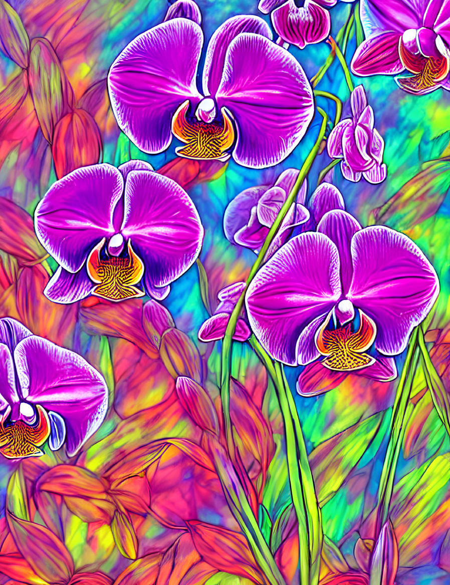 Colorful digital artwork featuring purple orchids and abstract stained-glass background