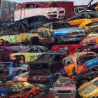 Colorful Crushed Car Collage in Chaotic Junkyard