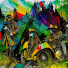 Vibrant abstract art: Four figures in hats on a fantastical motorcycle