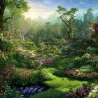 Vibrant fantasy garden with blooming flowers and pond