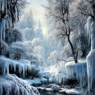 Snow-covered forest with stream, icicles, and soft sun glow