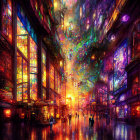 Colorful neon-lit alley with bustling crowd and vibrant shopfronts