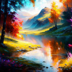 Colorful Landscape Painting: Serene Lake, Autumn Trees, Mountains
