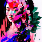 Colorful digital painting: Person with flower-adorned hair in bold pink and red tones
