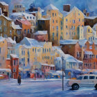Snow-covered urban scene painting with colorful impressionist style
