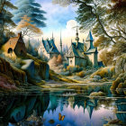 Tranquil fantasy landscape with castle, rowboat, reflective lake, lush trees, wildlife, and