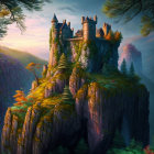 Castle on Cliff Overlooking Forests at Sunset