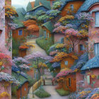 Vibrant flowering trees and quaint houses on whimsical village path