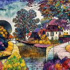 Colorful Stained-Glass Style Illustration of Quaint Village