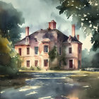 Watercolor painting: Classic two-story house with chimneys, trees, warm and cool tones
