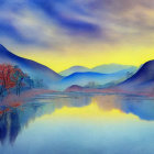 Colorful Watercolor Landscape: Orange Foliage, Twilight Sky, Serene Lake