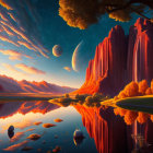 Vibrant surreal landscape with red cliffs, river, starlit sky, and celestial bodies