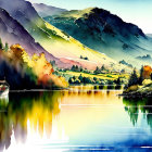 Serene landscape watercolor painting with boat on reflective lake