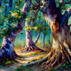 Fantasy forest with purple and white trees and mysterious path