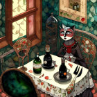 Elegant anthropomorphic cat dining in cozy interior
