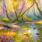 Tranquil forest scene with vibrant colors and blooming flowers