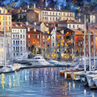 Colorful impressionistic painting of marina with boats, illuminated buildings, and reflective water.