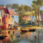 Colorful houses and boats by tranquil riverside with lush trees and clear sky.