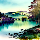Serene lake with rolling hills in vibrant watercolor