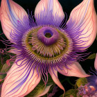 Detailed view of vibrant passiflora with intricate purple patterns and circular stamen.